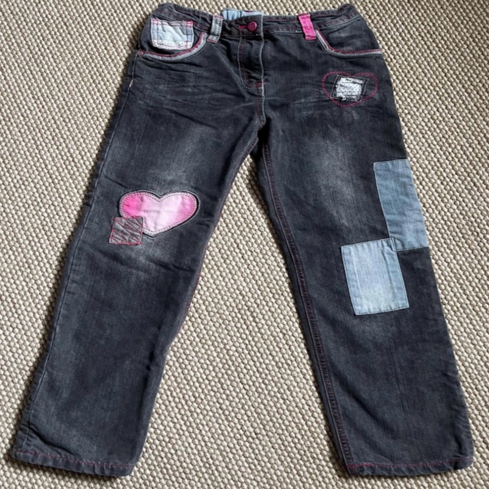 Stylish Charcoal grey kids Jeans with Pink and Blue Patches
